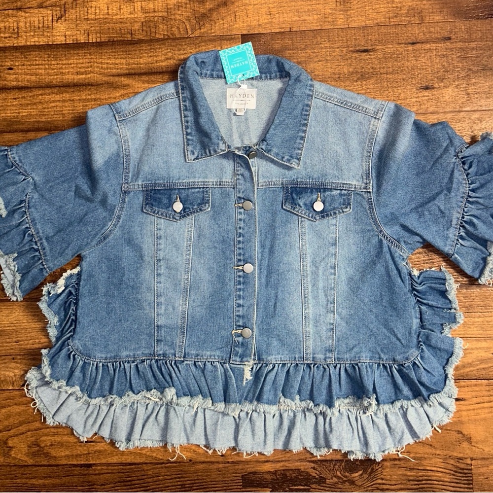 Hayden ~Medium/Large ~ Raw Edges W/ Ruffle Sleeves ~ Blue Denim Boho Jacket ~New - Picture 3 of 9